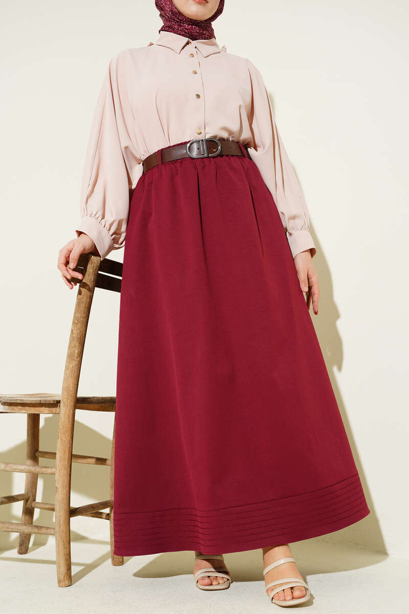 Belted Flared Skirt with Elastic Waist and Buckle - Burgundy