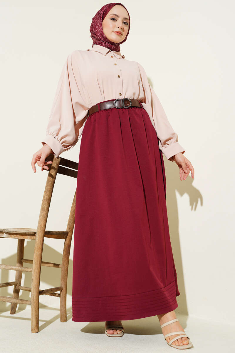 Belted Flared Skirt with Elastic Waist and Buckle - Burgundy
