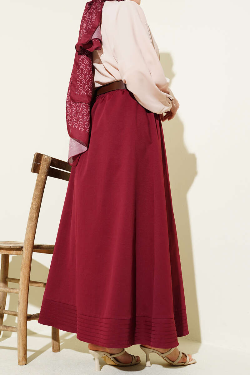 Belted Flared Skirt with Elastic Waist and Buckle - Burgundy