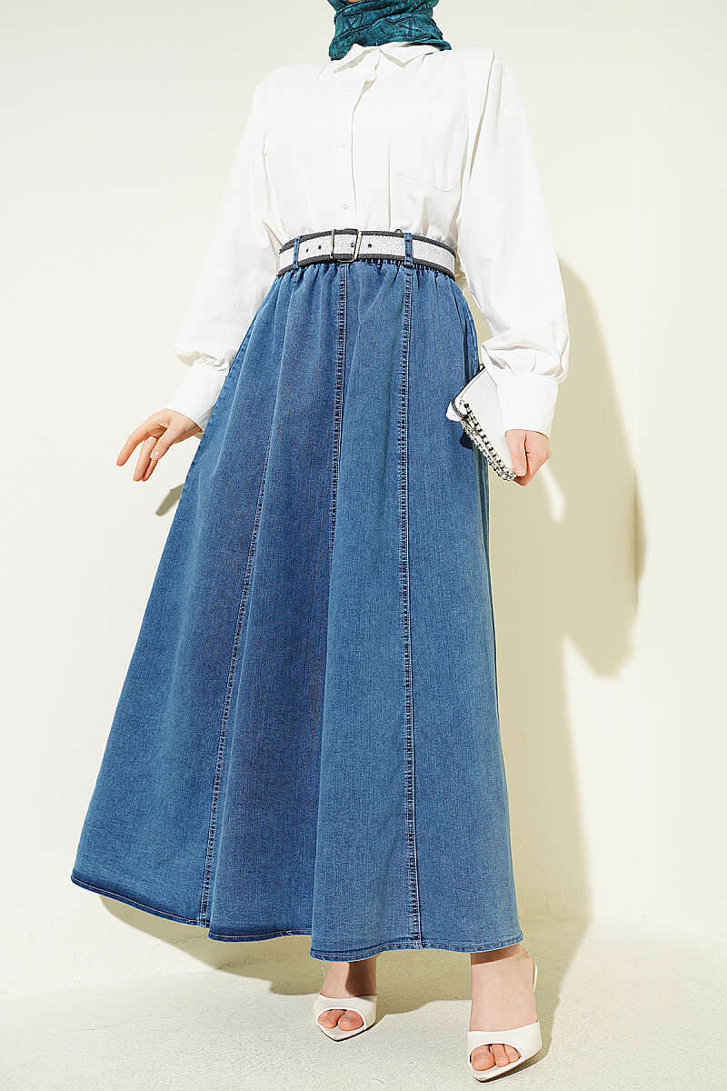 Belted Flared Denim Skirt with Elastic Waist - Denim Blue
