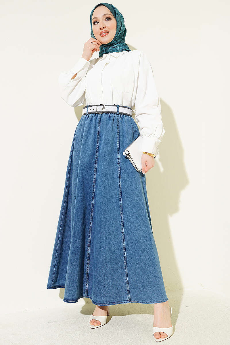 Belted Flared Denim Skirt with Elastic Waist - Denim Blue