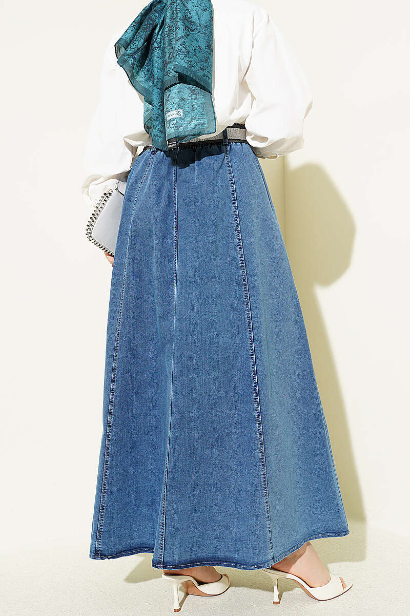 Belted Flared Denim Skirt with Elastic Waist - Denim Blue