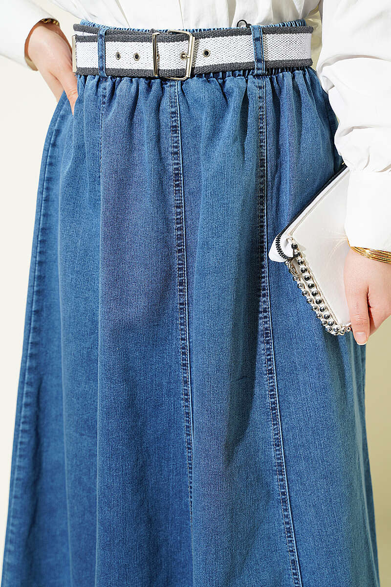 Belted Flared Denim Skirt with Elastic Waist - Denim Blue