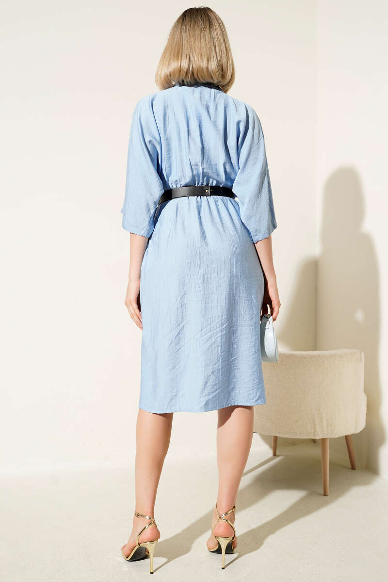 Belted Midi Dress with Elastic Waist - Blue