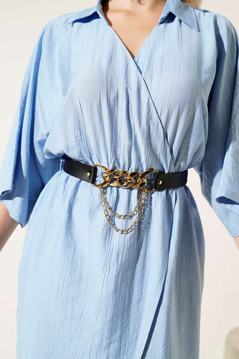 Belted Midi Dress with Elastic Waist - Blue