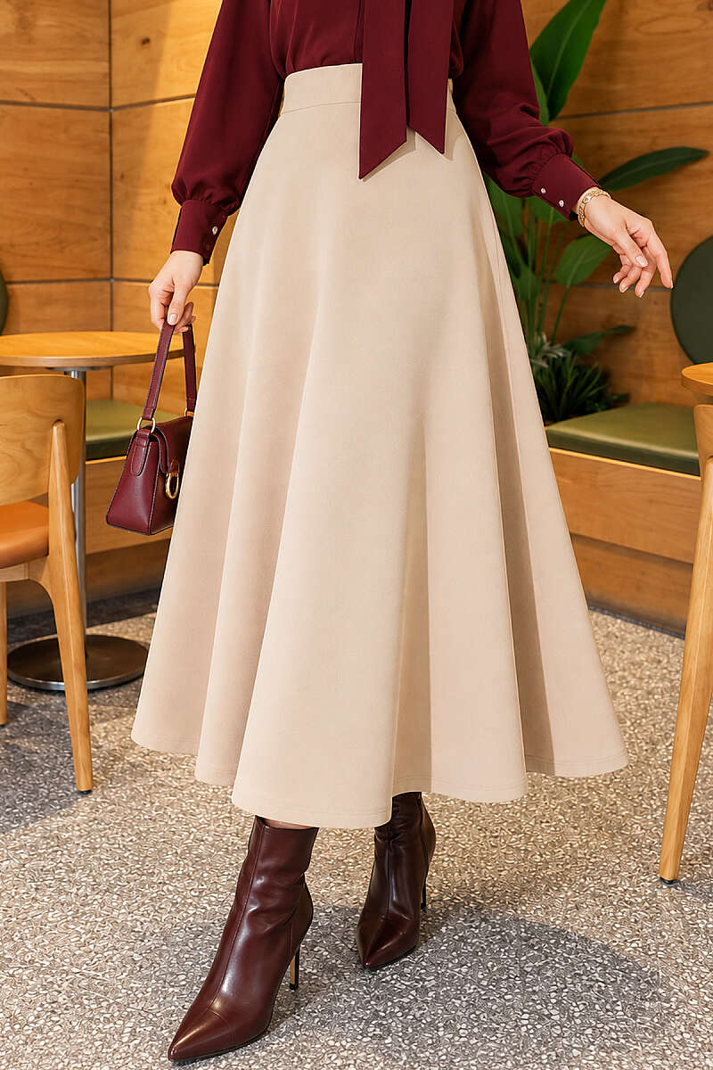 Basic Flared Skirt with Elastic Waist - Beige