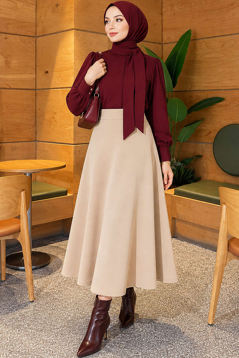 Basic Flared Skirt with Elastic Waist - Beige