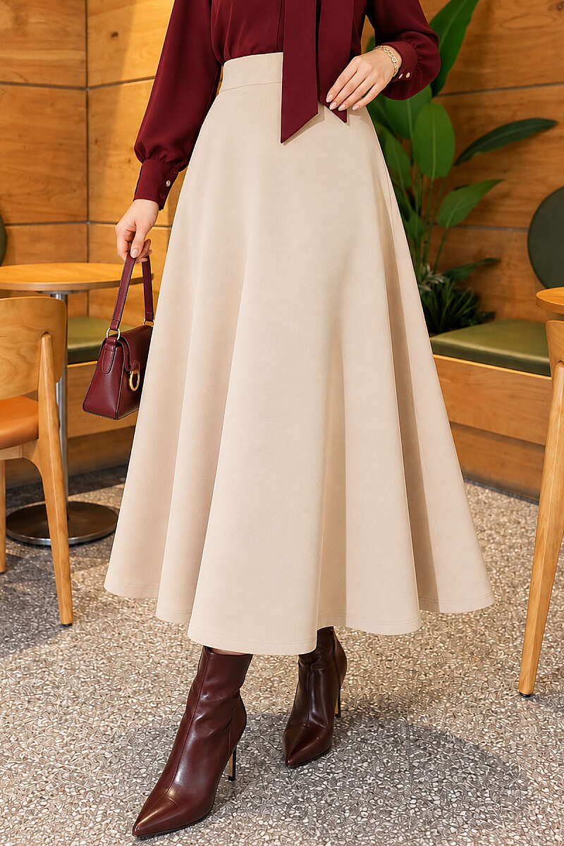 Basic Flared Skirt with Elastic Waist - Beige