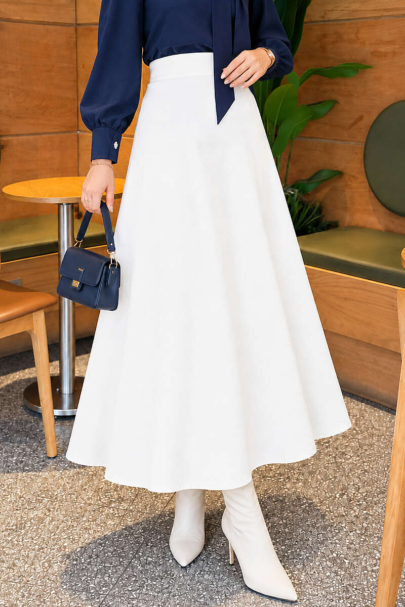 Basic Flared Skirt with Elastic Waist - White