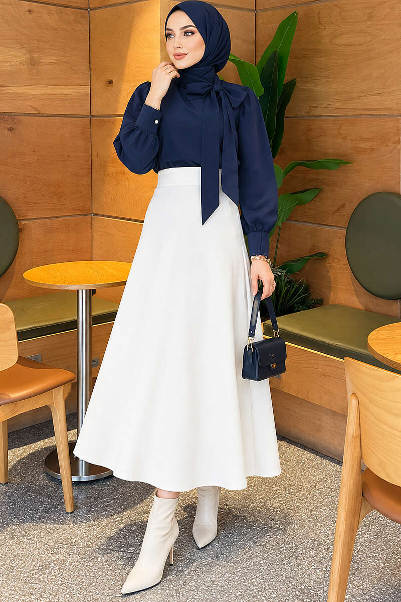 Basic Flared Skirt with Elastic Waist - White