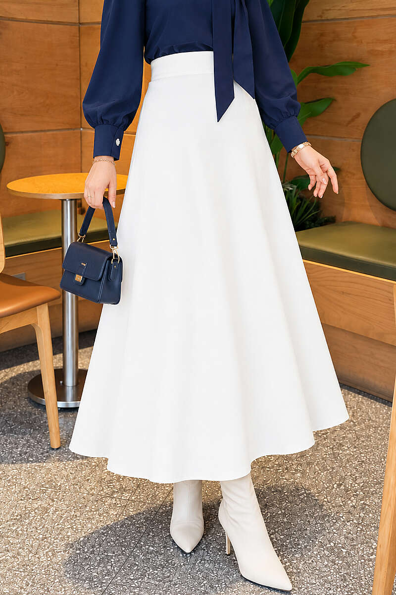 Basic Flared Skirt with Elastic Waist - White