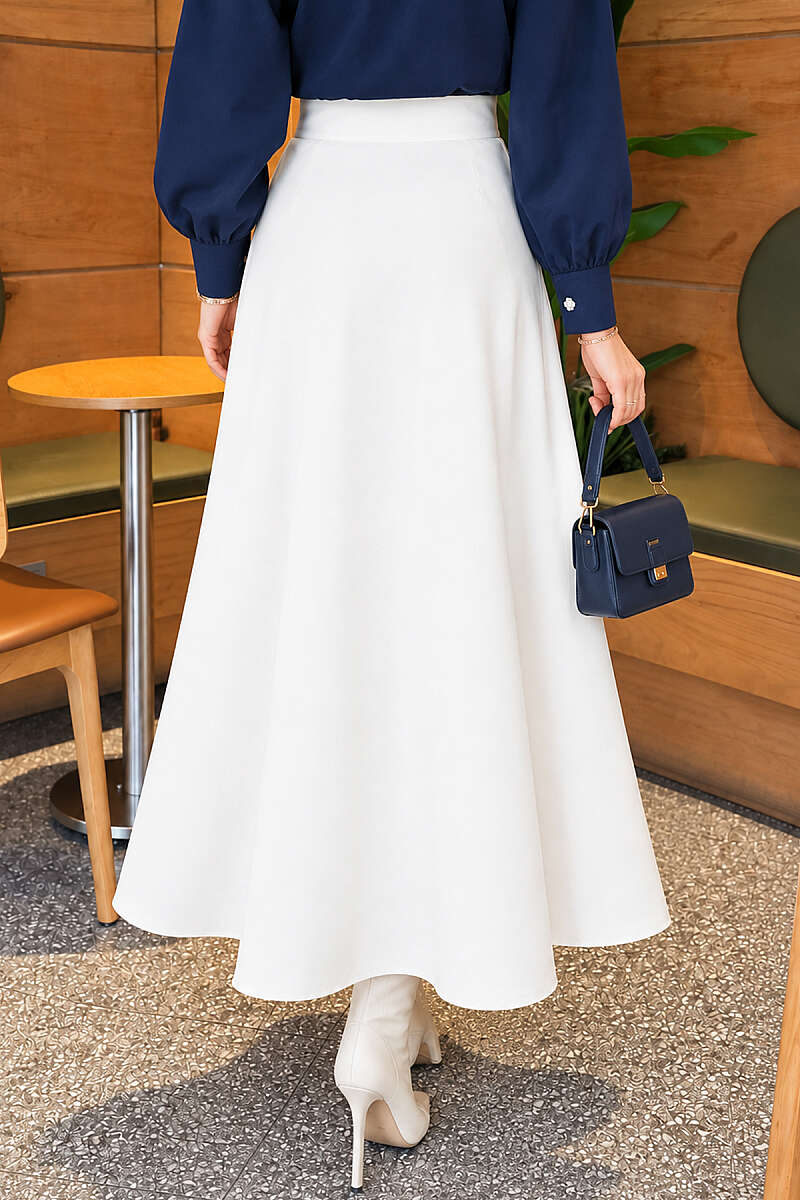 Basic Flared Skirt with Elastic Waist - White