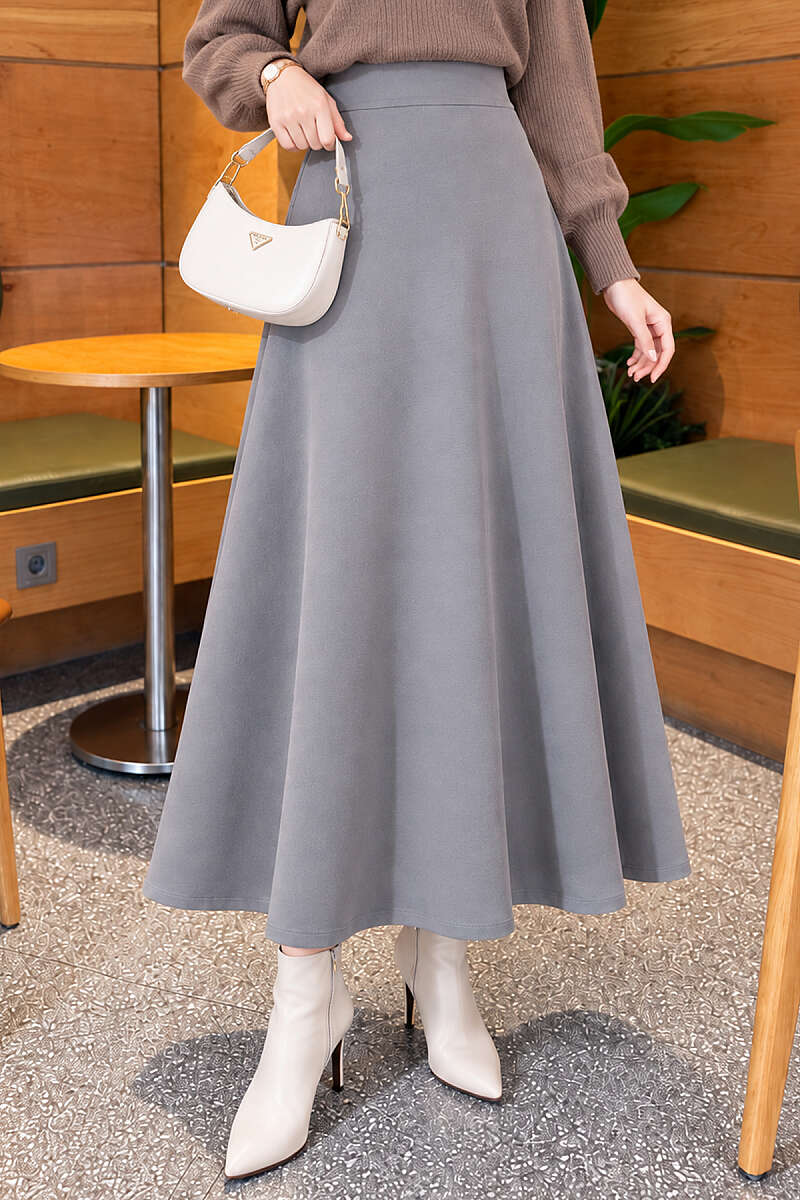 Basic Flared Skirt with Elastic Waist - Grey