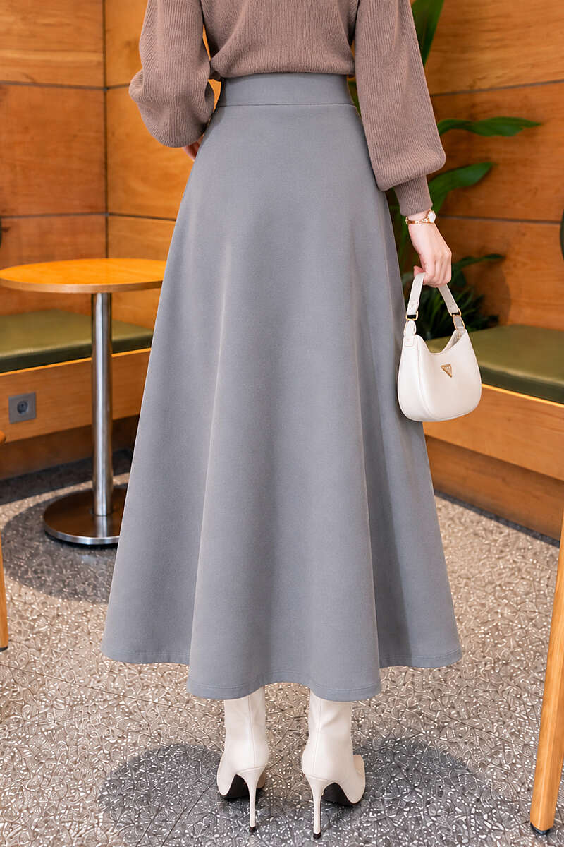 Basic Flared Skirt with Elastic Waist - Grey
