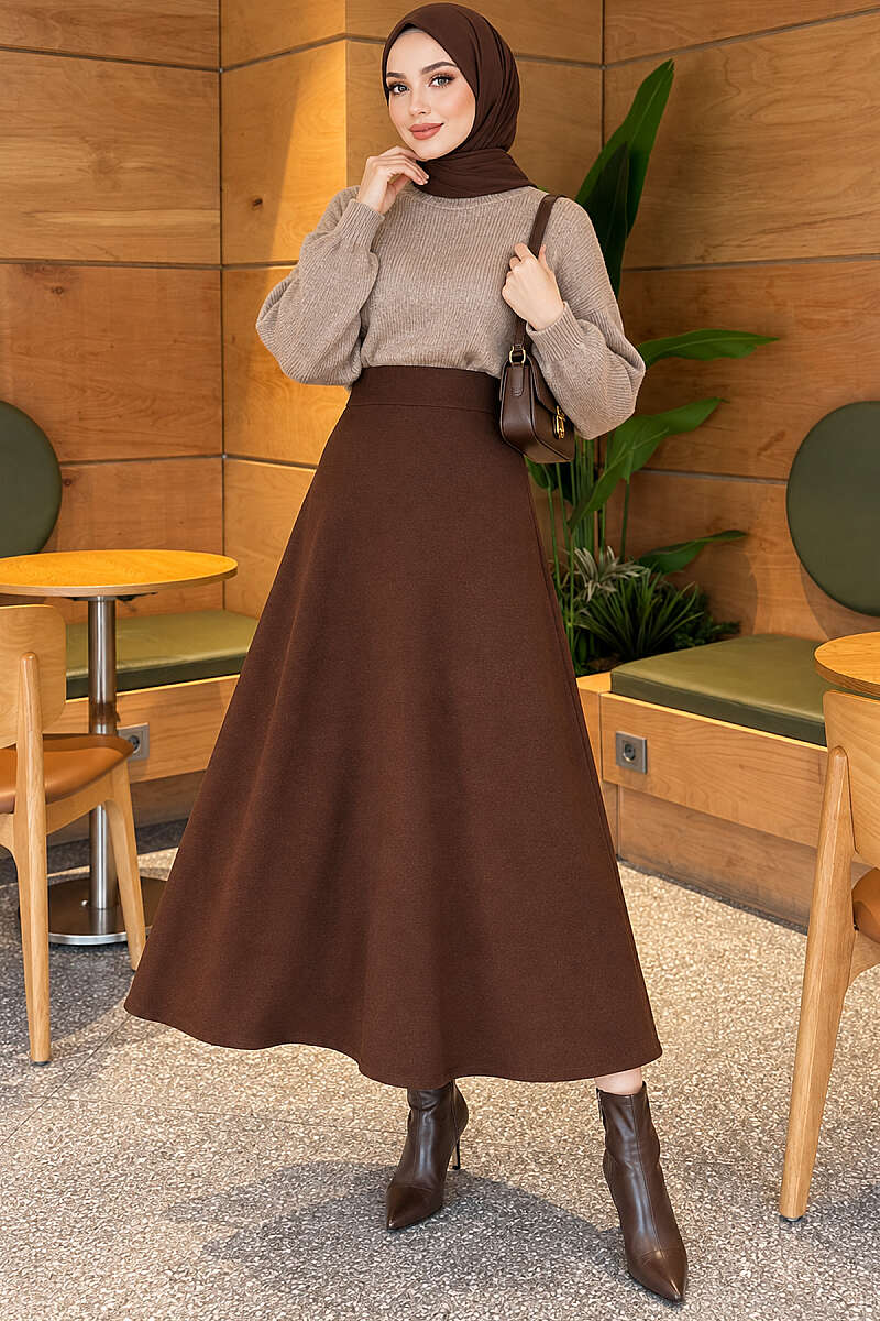 Basic Flared Skirt with Elastic Waist - Brown