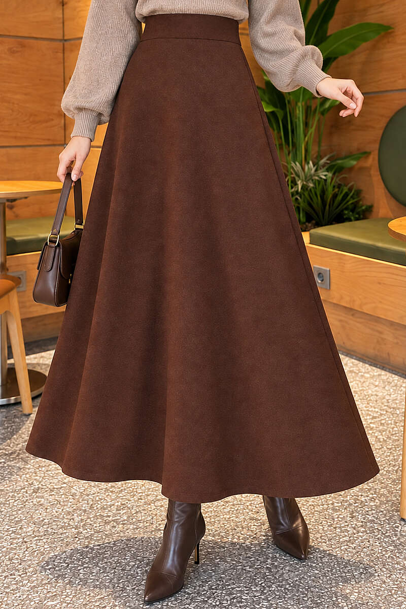 Basic Flared Skirt with Elastic Waist - Brown