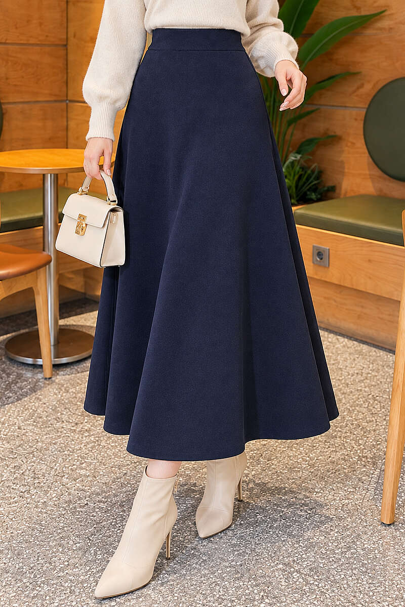 Basic Flared Skirt with Elastic Waist - Navy