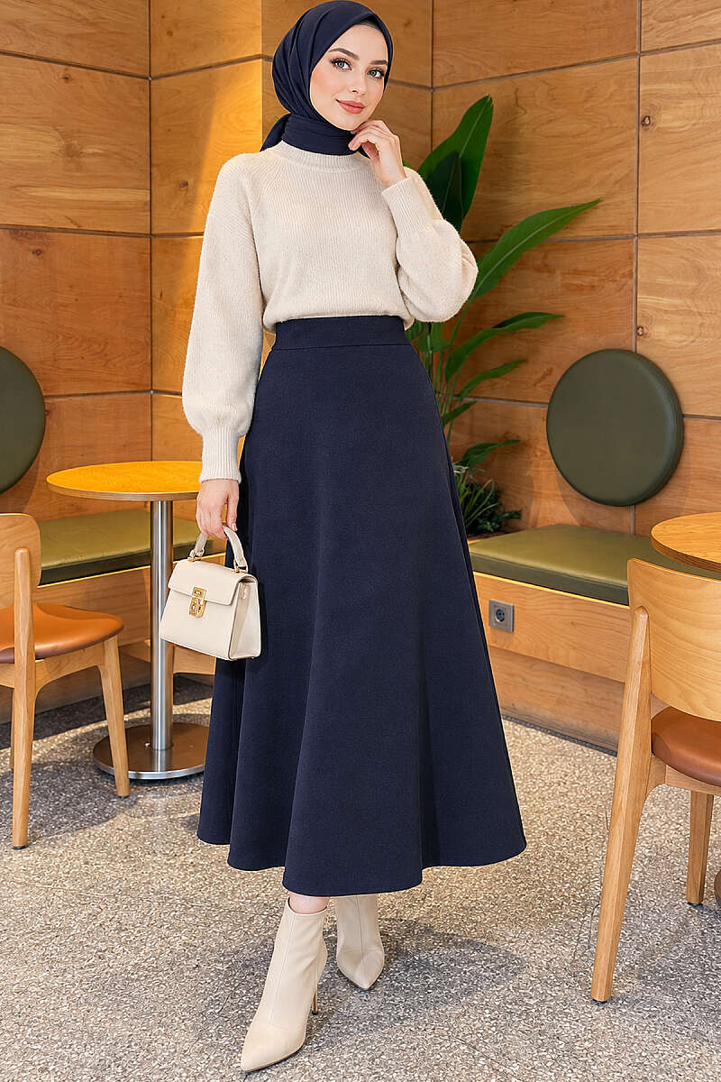 Basic Flared Skirt with Elastic Waist - Navy