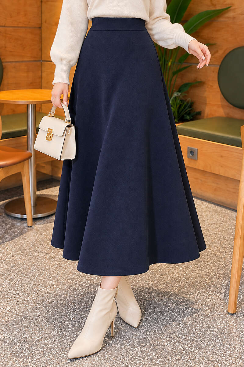 Basic Flared Skirt with Elastic Waist - Navy