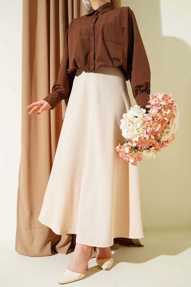 Flared Double-Knit Skirt with Elastic Waist - Beige