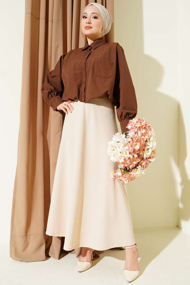 Flared Double-Knit Skirt with Elastic Waist - Beige