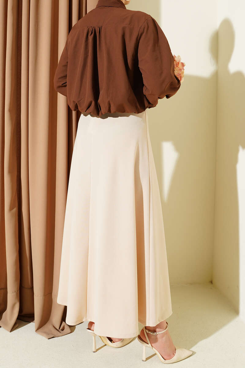 Flared Double-Knit Skirt with Elastic Waist - Beige