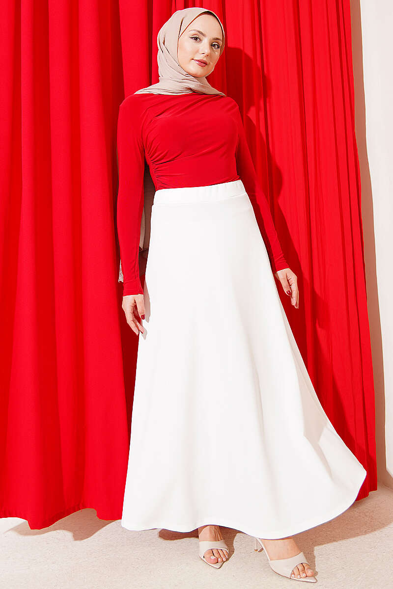 Flared Double-Knit Skirt with Elastic Waist - White