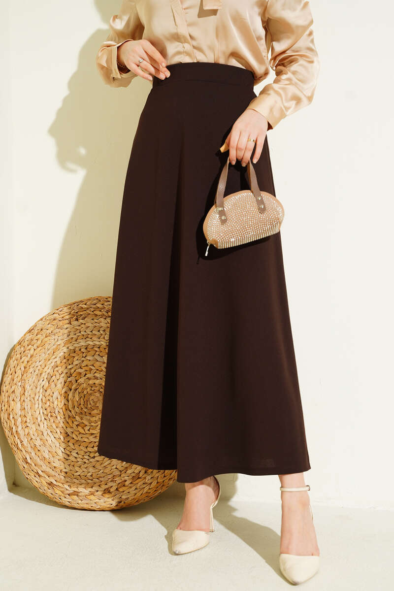 Flared Double-Knit Skirt with Elastic Waist - Brown