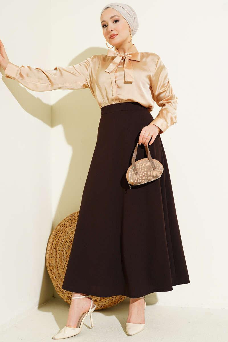 Flared Double-Knit Skirt with Elastic Waist - Brown