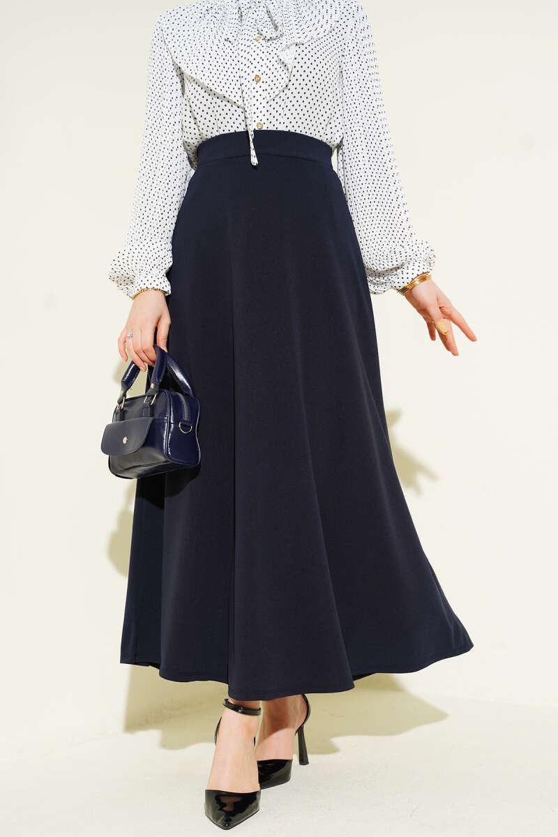 Flared Double-Knit Skirt with Elastic Waist - Navy