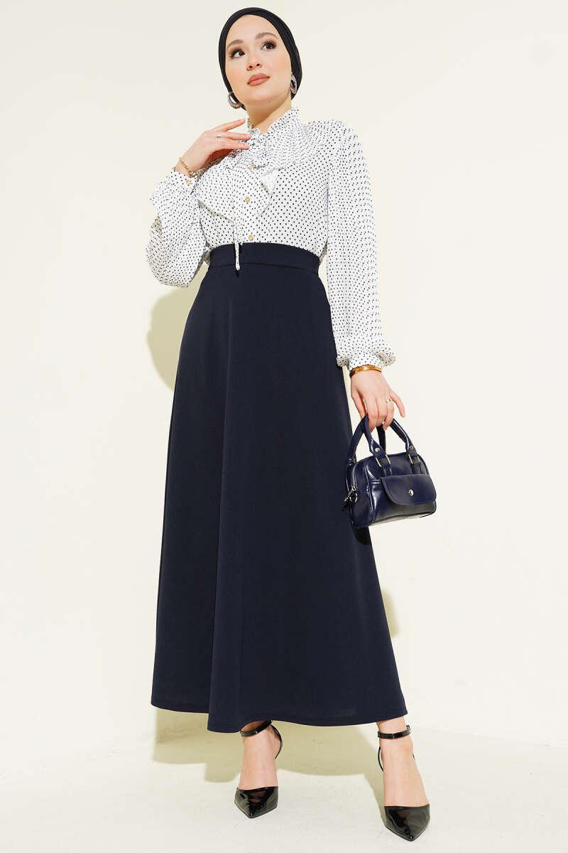 Flared Double-Knit Skirt with Elastic Waist - Navy