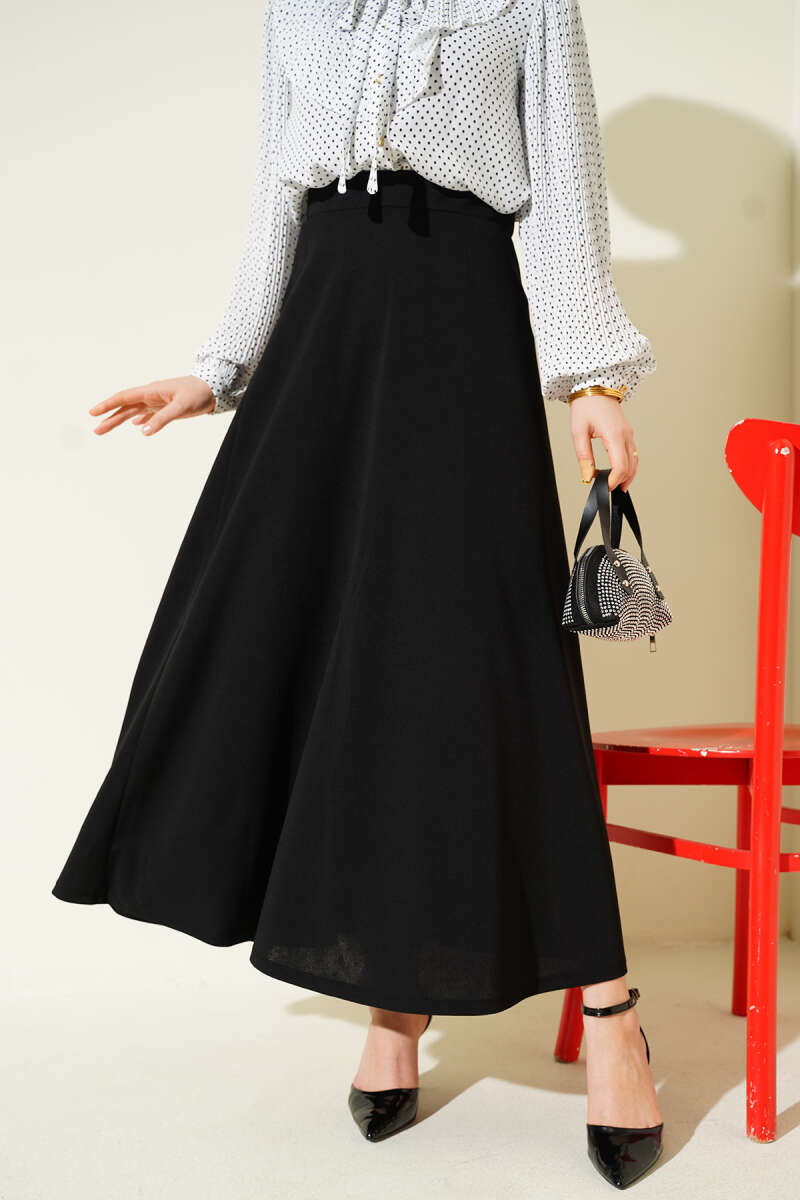 Flared Double-Knit Skirt with Elastic Waist - Black