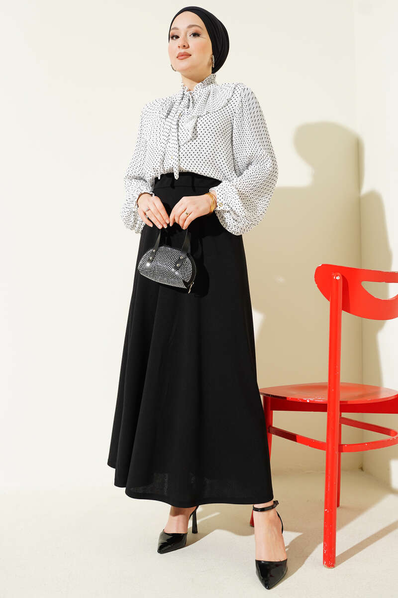Flared Double-Knit Skirt with Elastic Waist - Black
