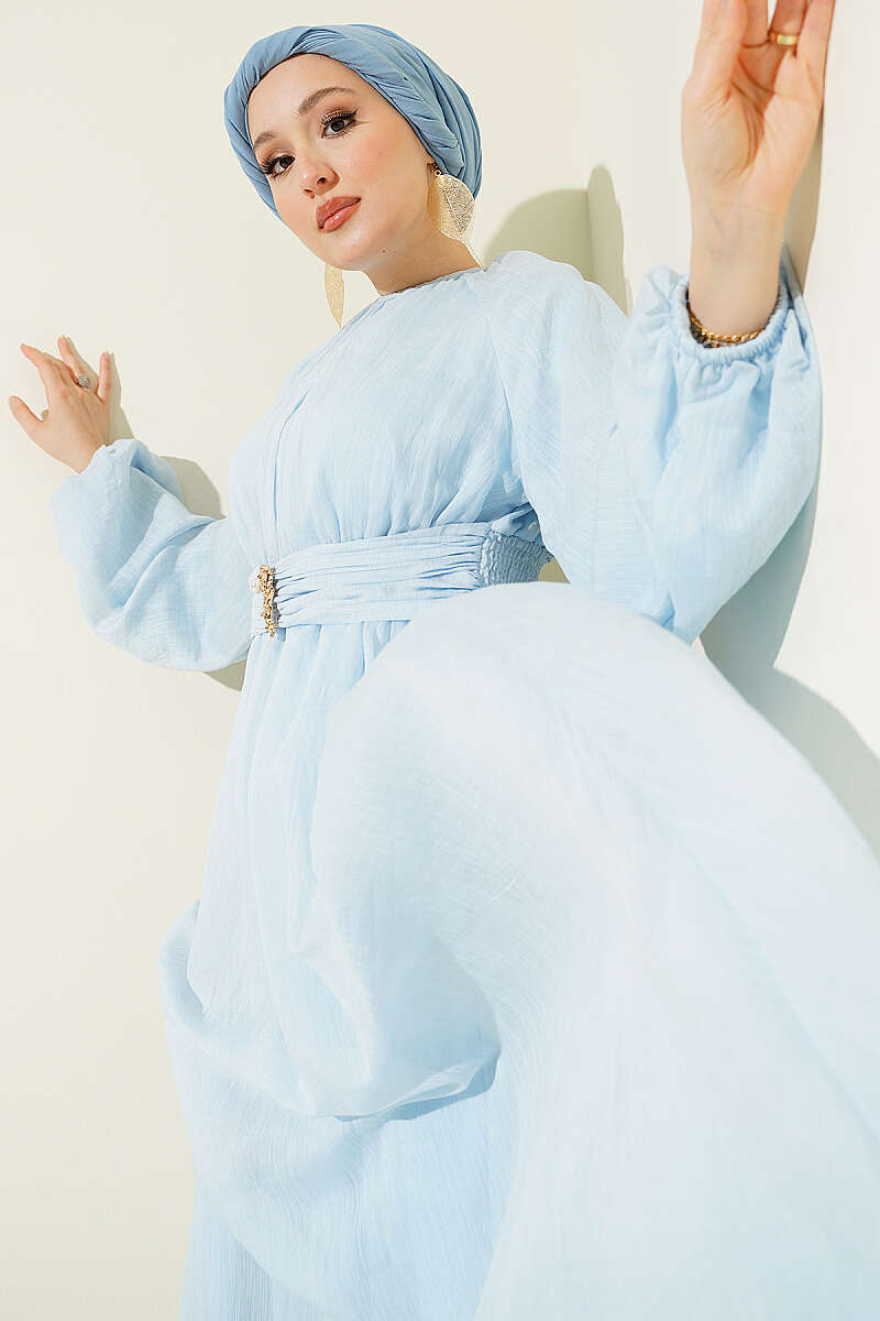Flared Dress with Elastic Waist - Light Blue