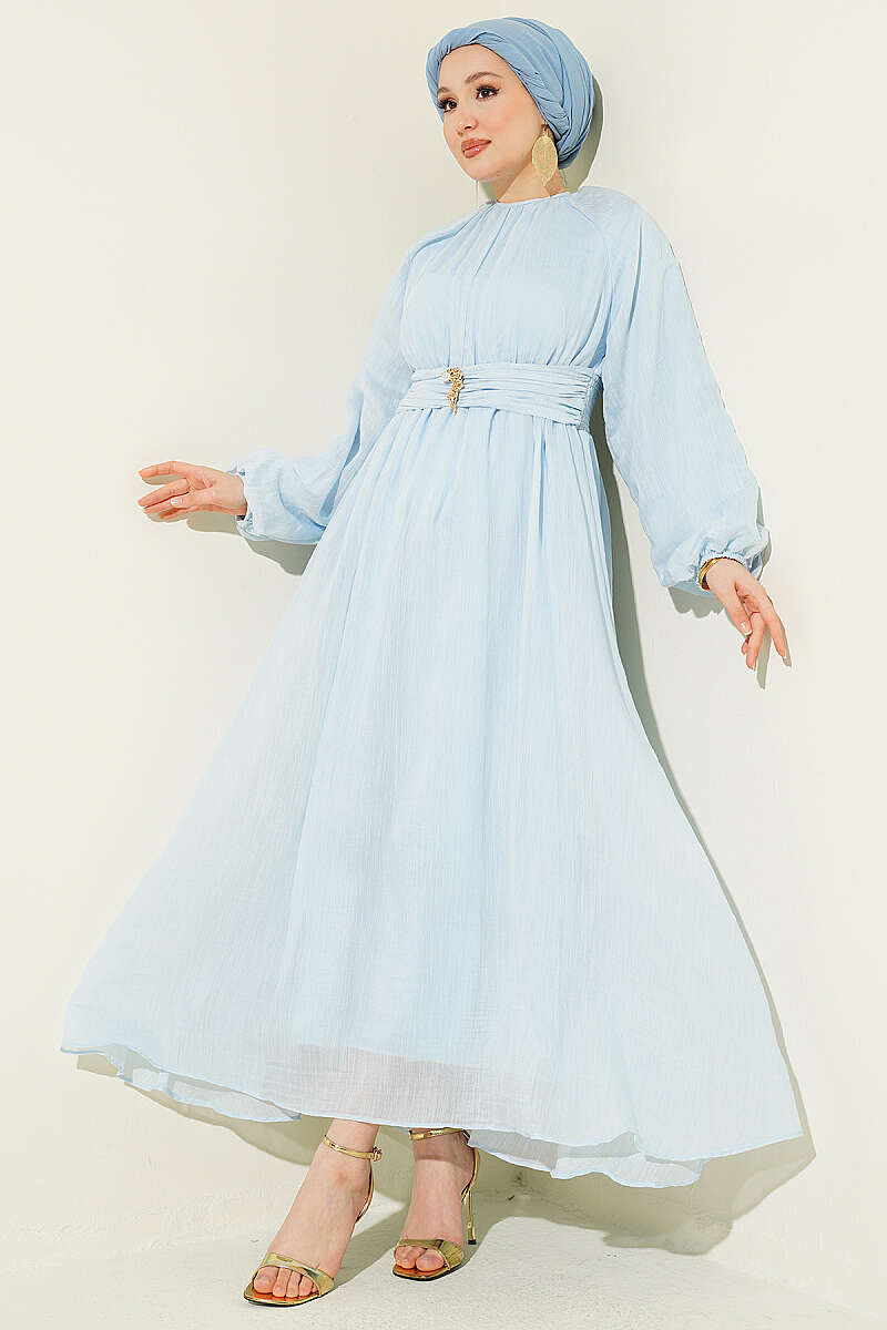 Flared Dress with Elastic Waist - Light Blue