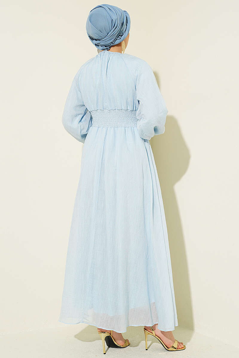 Flared Dress with Elastic Waist - Light Blue