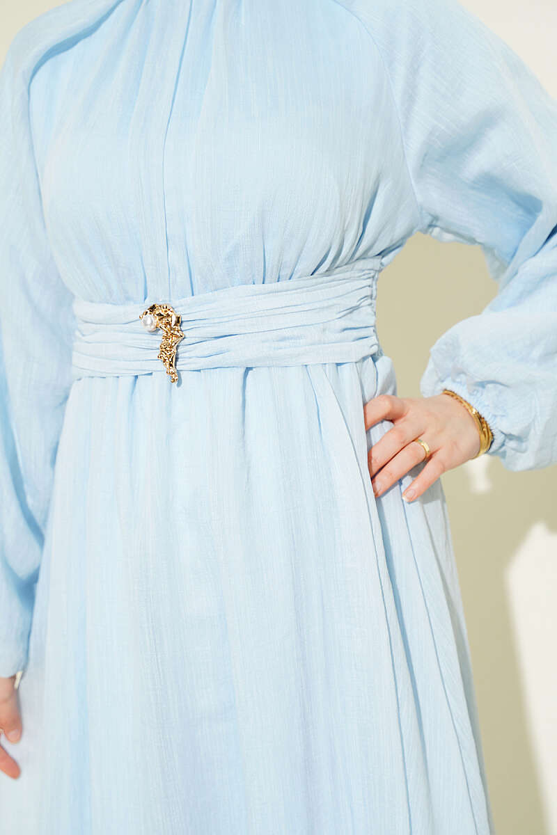 Flared Dress with Elastic Waist - Light Blue