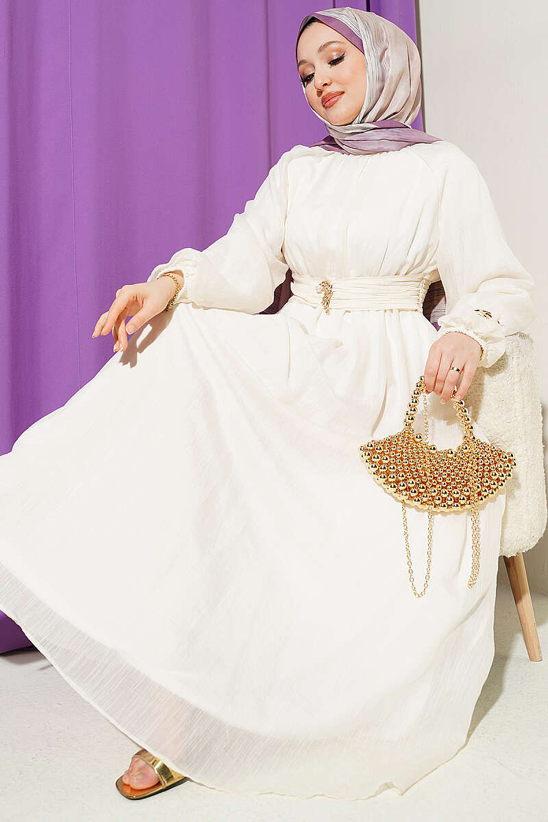 Flared Dress with Elastic Waist - Beige