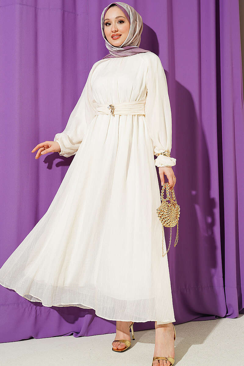 Flared Dress with Elastic Waist - Beige