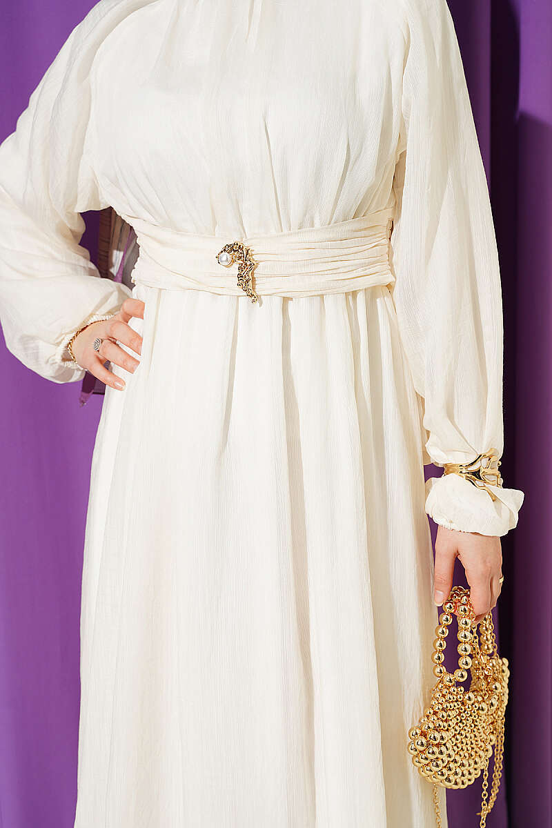 Flared Dress with Elastic Waist - Beige