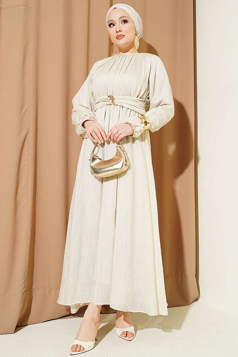 Flared Dress with Elastic Waist - Stone