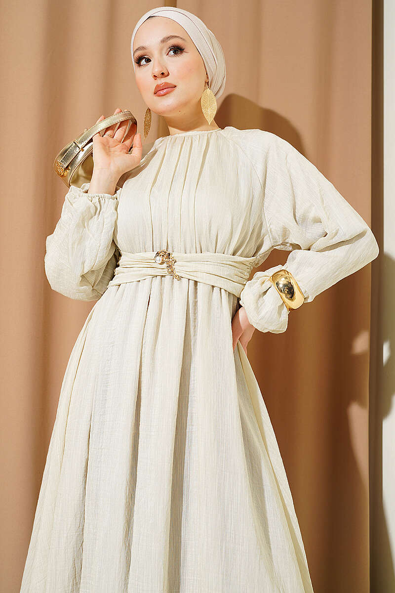 Flared Dress with Elastic Waist - Stone