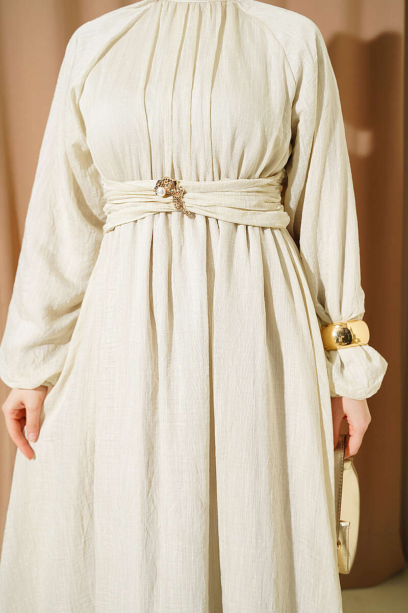 Flared Dress with Elastic Waist - Stone