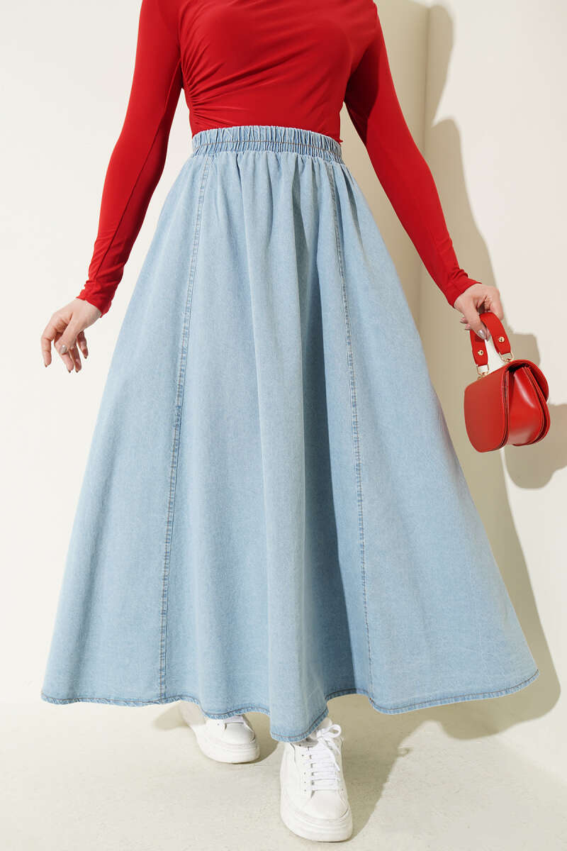 Flared Denim Skirt with Elastic Waist - Light Blue