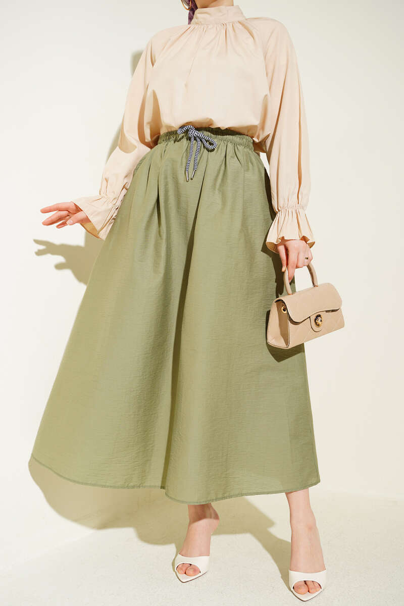 Flared Parachute Skirt with Elastic Waist - Almond Green
