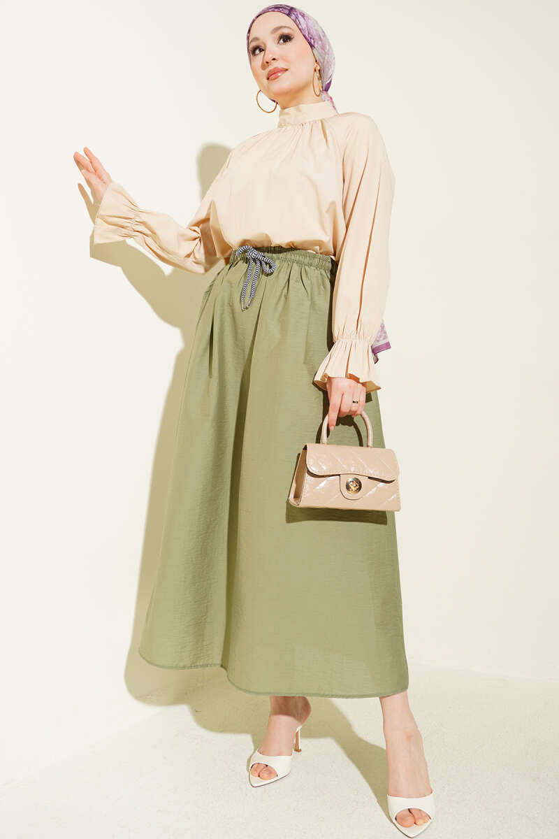 Flared Parachute Skirt with Elastic Waist - Almond Green