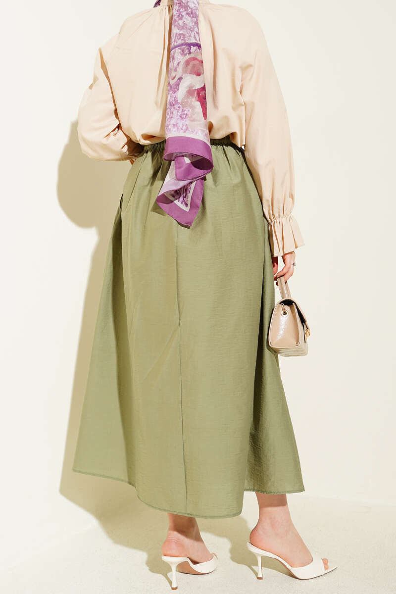 Flared Parachute Skirt with Elastic Waist - Almond Green