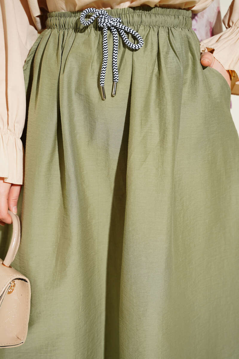 Flared Parachute Skirt with Elastic Waist - Almond Green