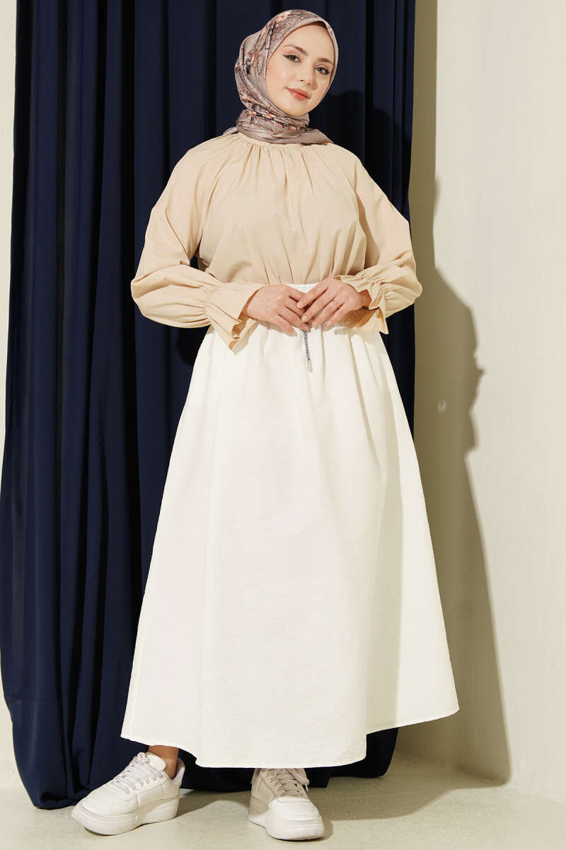 Flared Parachute Skirt with Elastic Waist - Ecru