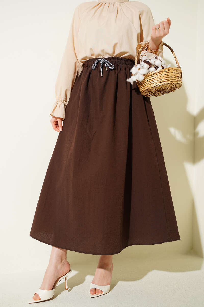 Flared Parachute Skirt with Elastic Waist - Brown